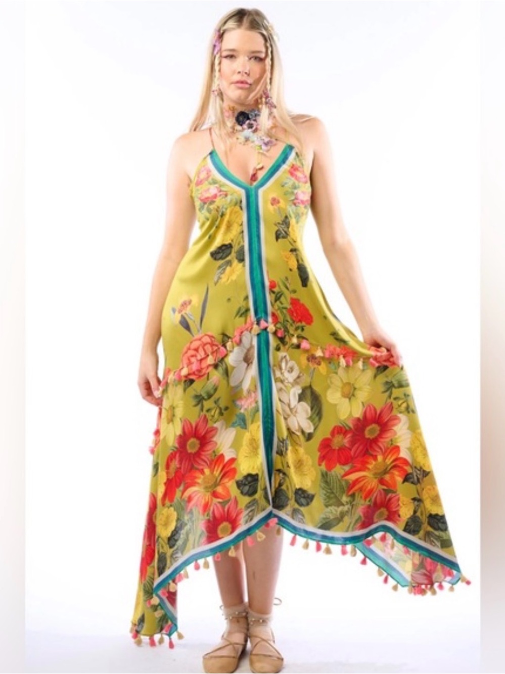 Aratta Silent Journey French Riviera Lush Floral Green Backless Maxi Dress
